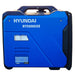 Side view of the Hyundai HY5000iSE inverter generator showing the blue enclosed casing, top carry handle and compliance labelling.
