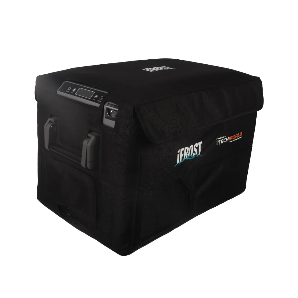 iTechWorld iFrost 40L Portable Camping Fridge/Freezer with cover black on a white background