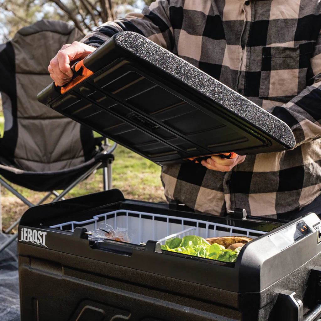 iFrost 40L Camping Fridge in use black opened with food inside the fridge