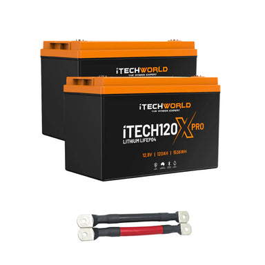 Two iTechWorld 120x pro lithium batteries with connectors on a white background