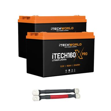 Two 160x pro iTechWorld lithium batteries with cables on a white background