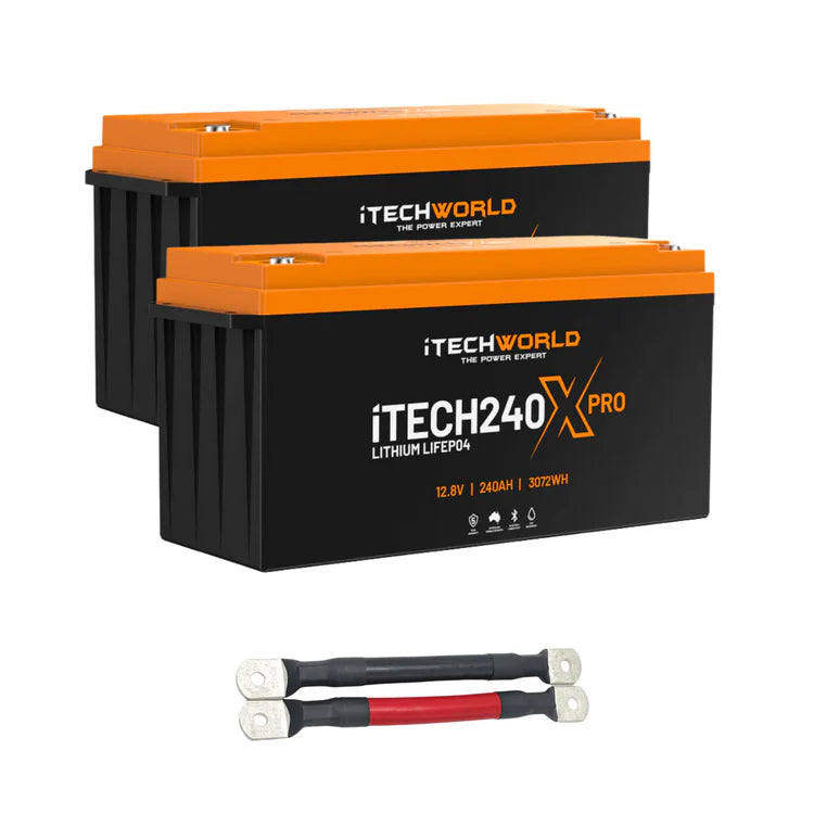 A photo of 2 iTechWorld 240x pro lithium batteries with a parallel cable.