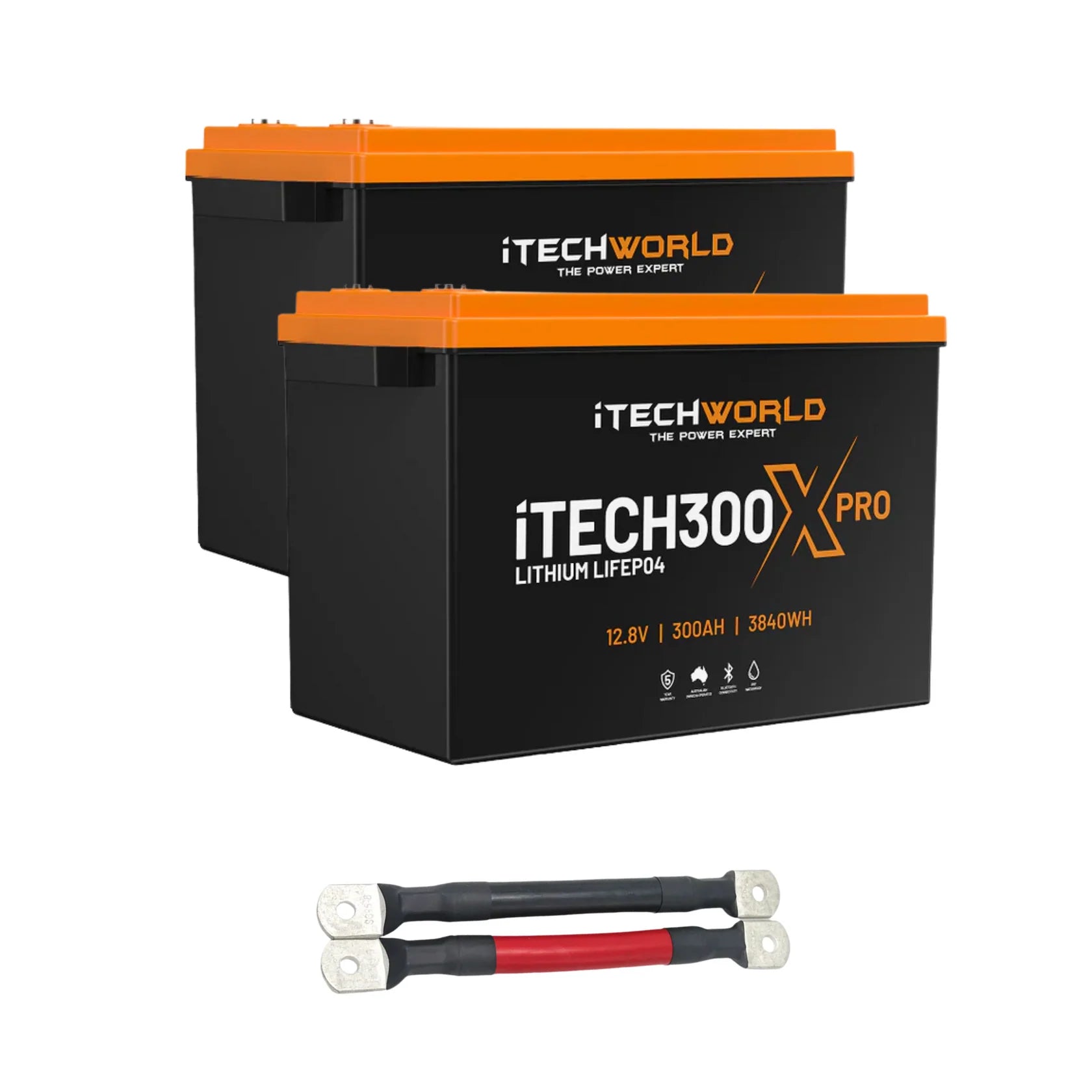 Two 300x pro iTechWorld lithium batteries with cables on a white background