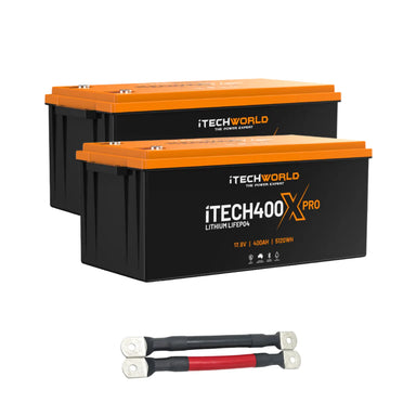 Two 400x pro iTechWorld lithium batteries with cables on a white background