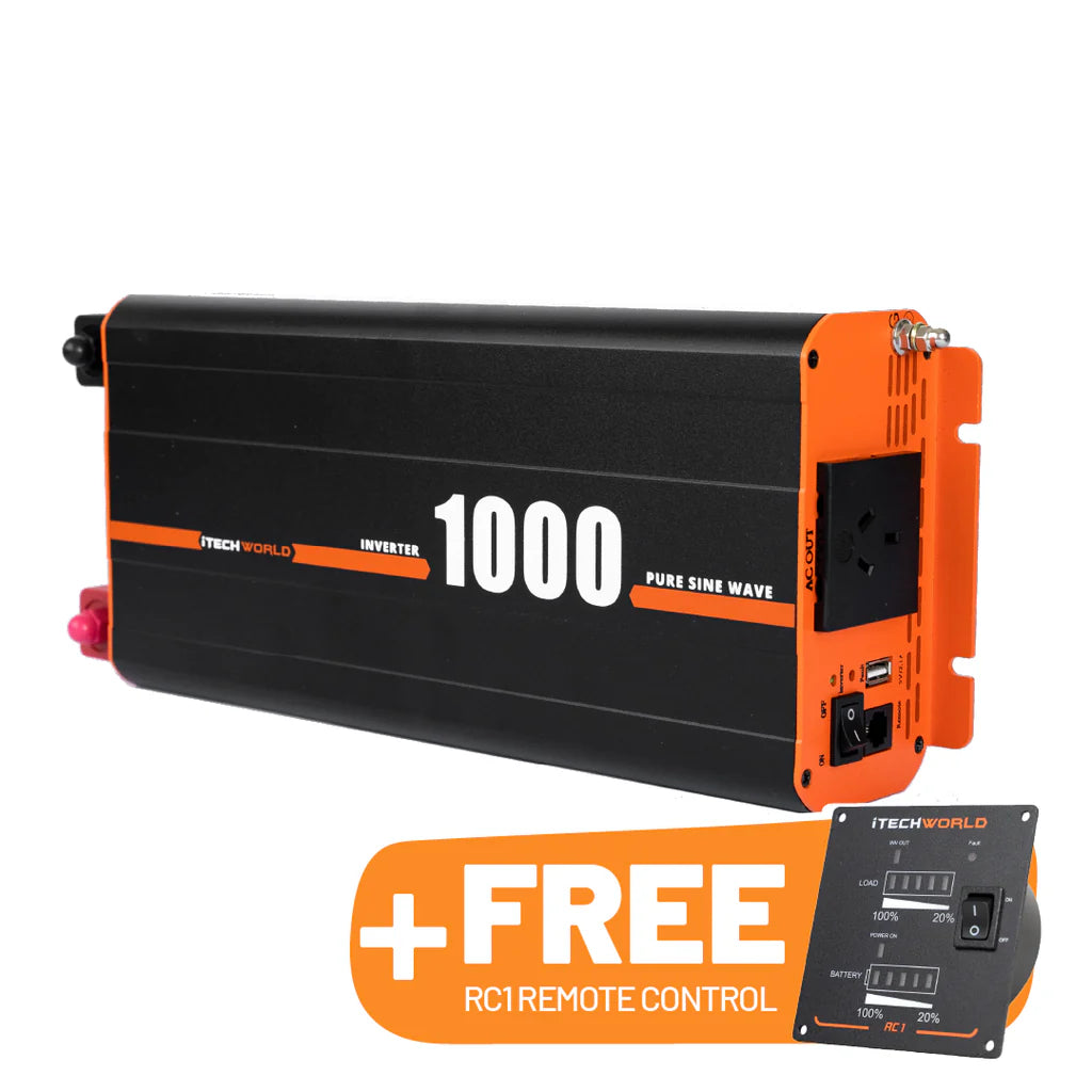 A photo of an iTechWorld 1000W power inverter with free RC1 remote control included