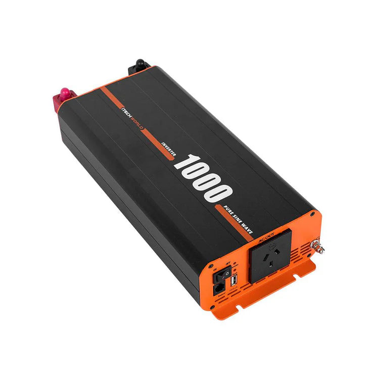 A photo of an iTechWorld 1000W power inverter angled slightly to the right showing the ac power socket