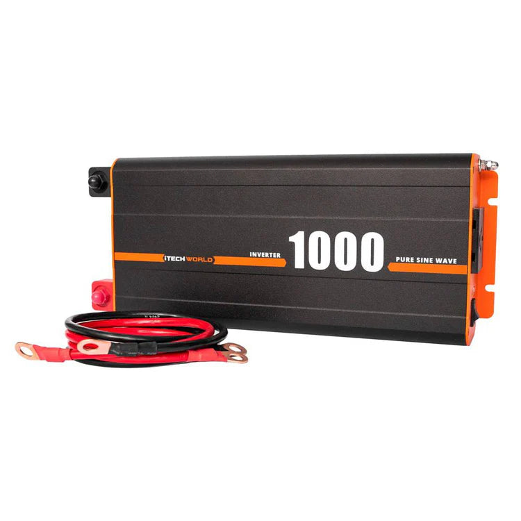A photo of an iTechWorld 1000W power inverter with a red cable and a black cable next to it.