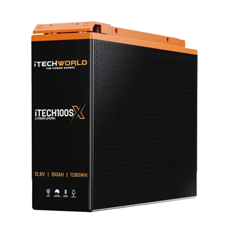 iTechWorld 100SX Slimline Deep Cycle Lithium Battery side view on a transparent background