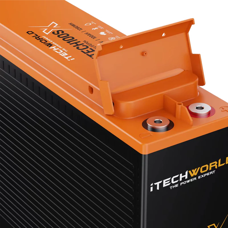 iTechWorld 100SX Slimline Deep Cycle Lithium Battery top corner on a transparent background