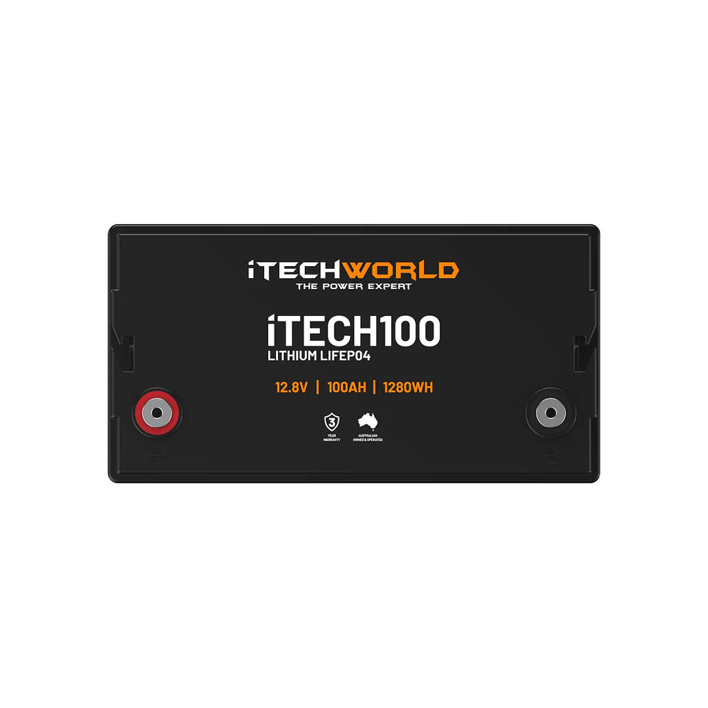 iTechWorld 12V 100Ah Deep Cycle Lithium Battery Top view on a white background