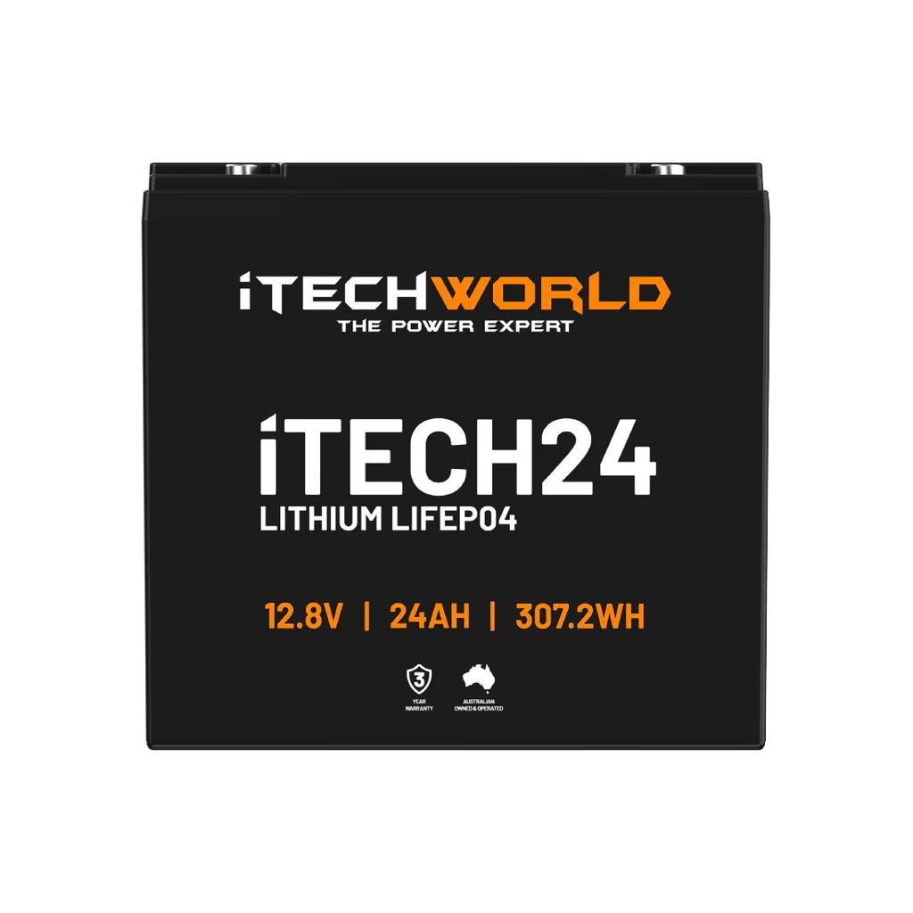iTechWorld 12V 24Ah Deep Cycle Lithium Battery front on a transparent background
