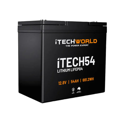 iTechWorld 12V 54Ah Deep Cycle Lithium Battery Slightly angled to the right on a white background