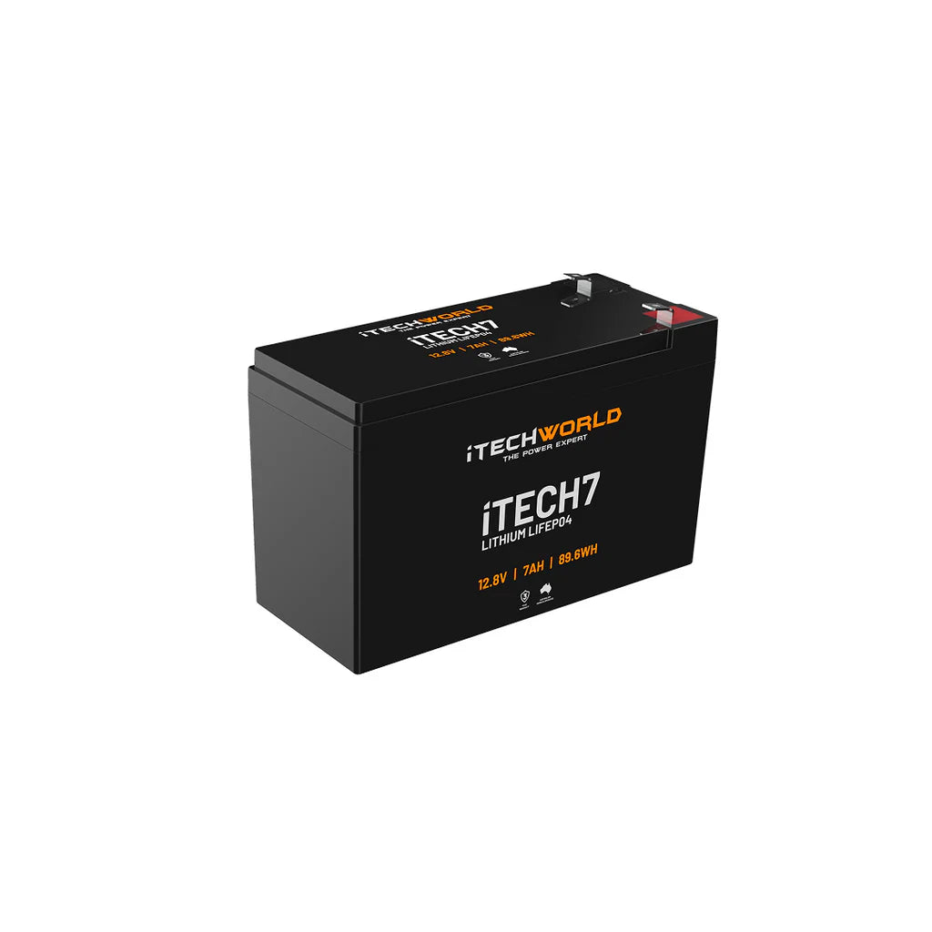 iTechWorld 12V 7Ah Deep Cycle Lithium Battery slightly angled to the right on a white background