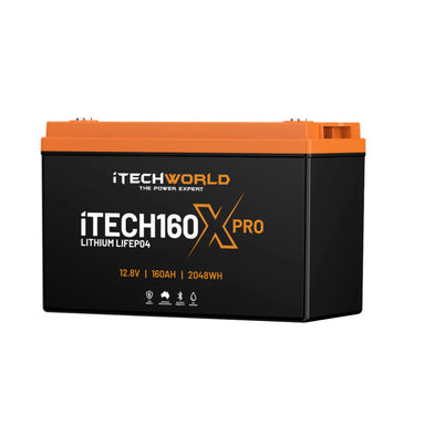 a photo of a black and orange iTechWorld 160x Pro 160ah lithium battery in front of a white background.