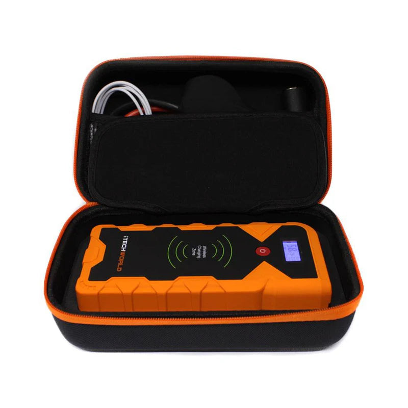 iTechWorld 2000A Lithium Jump Starter inside the case on a white background