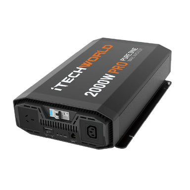 A photo of an iTechWorld 2000W pro power inverter slightly slanted to the right.