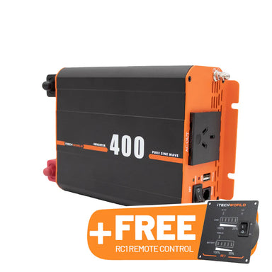 A photo of an iTechWorld 400w Power Inverter with a free RC1 remote control included