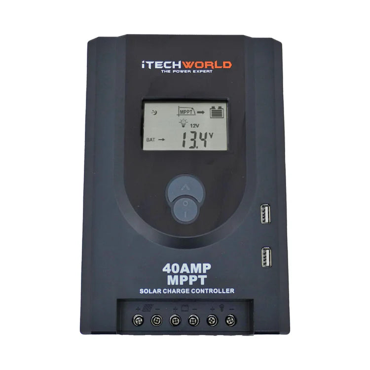 Black iTechWorld 40A MPPT solar charge controller with digital display facing front on with a white background