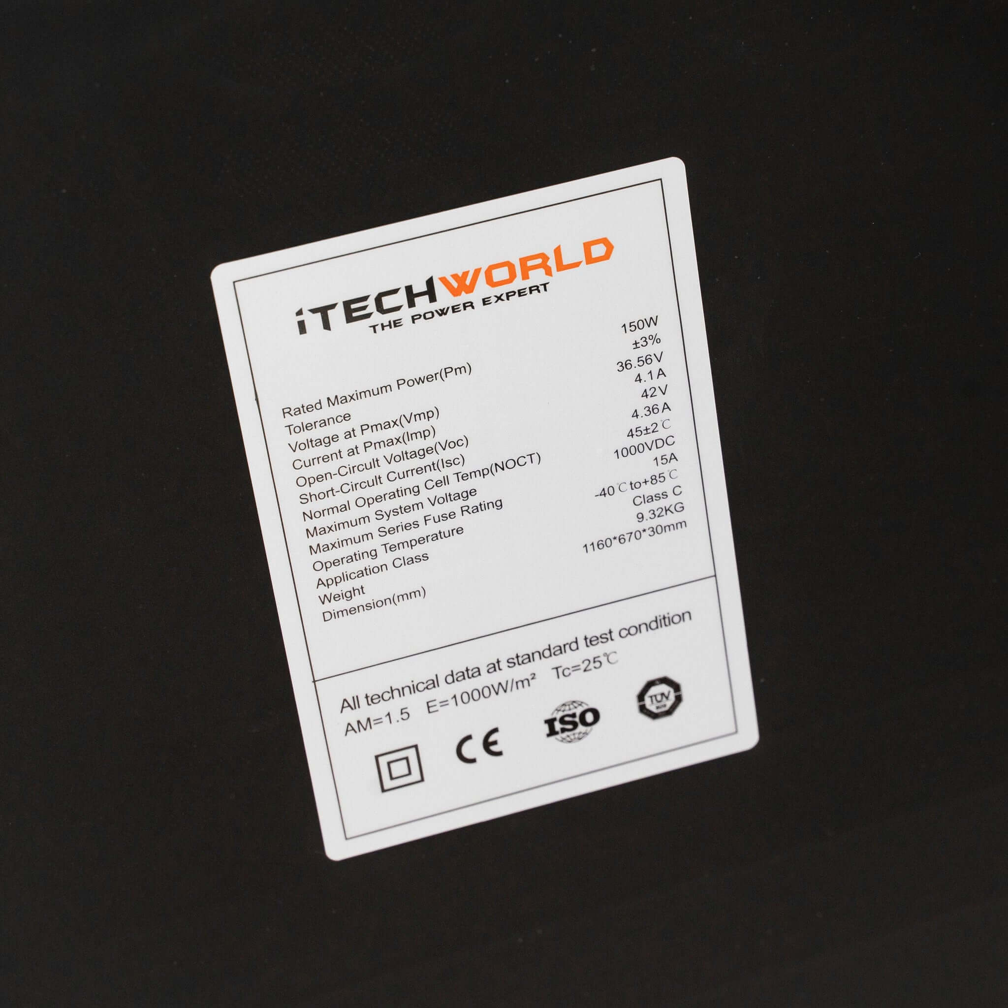 iTechWorld 42V 150W Solar Panel specs back black
