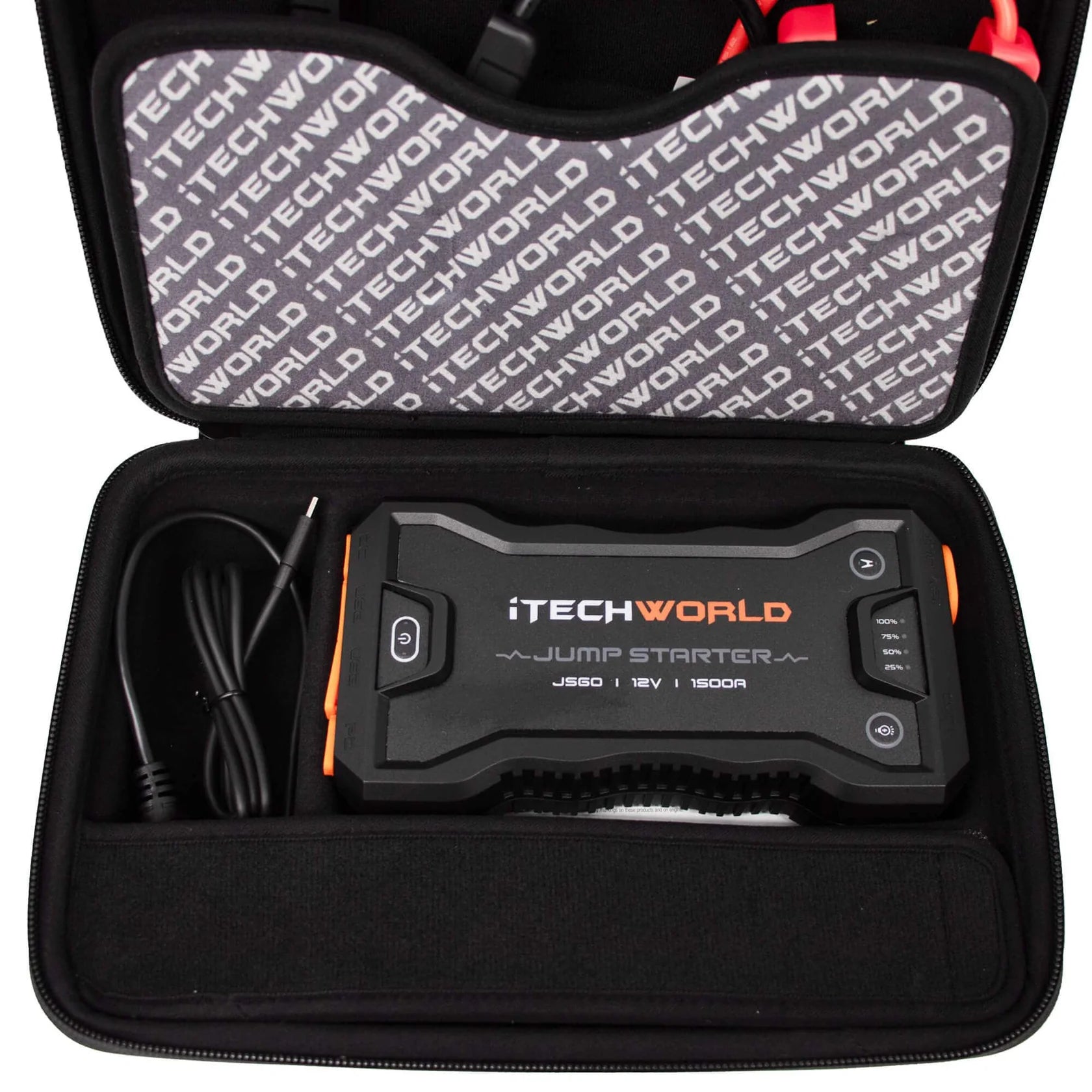 iTechWorld JS60 Lithium Jump Starter inside the case with other accessories on a white background