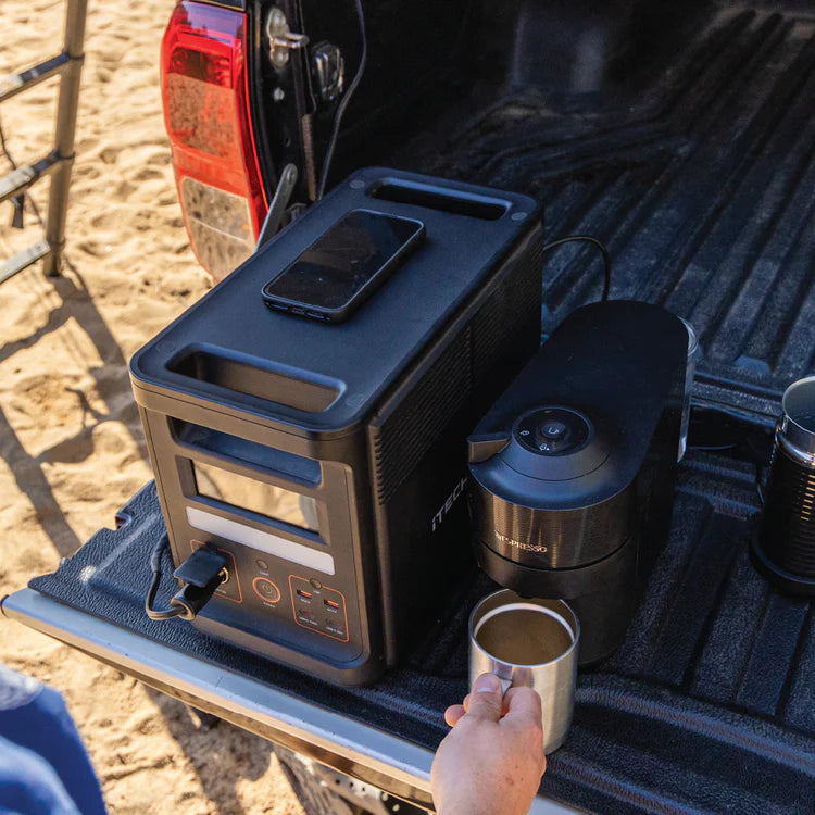 A photo of an iTechWorld PS1800 Pro Portable power station powering a coffee machine.