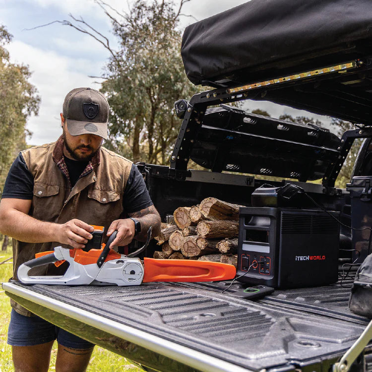 A photo of an iTechWorld PS1800 Pro Portable power station connected to a power tool.