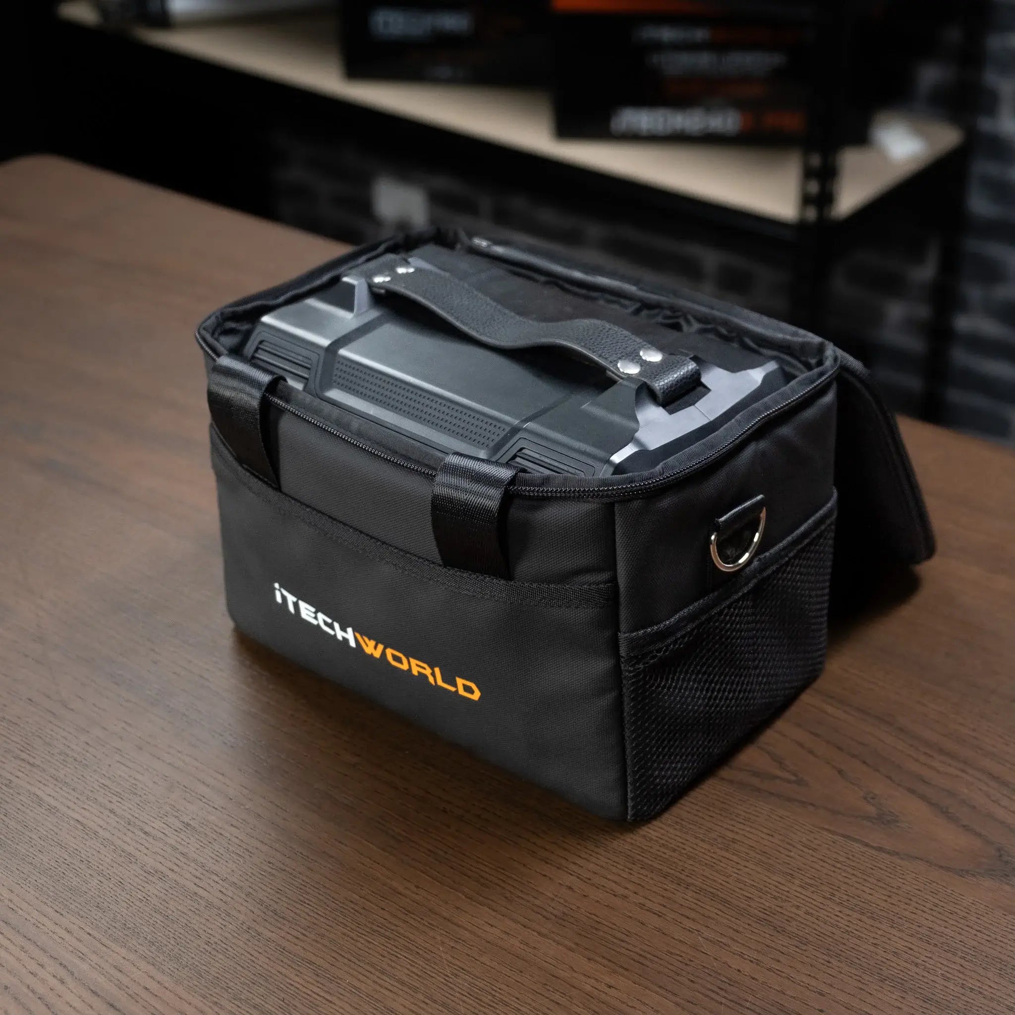 iTechWorld PS300 Carry Bag side angle with a power station inside it on a table