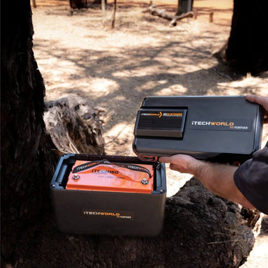 Man holding an iTechWorld Premium GoFurther 160x Pro Battery System Outdoor