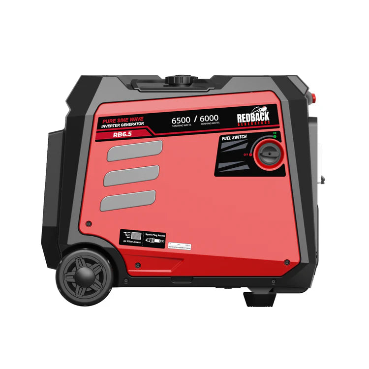 A photo of an iTechWorld Redback 6.5kW portable inverter generator sitting side on with a white background.