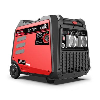 A photo of an iTechWorld Redback 6.5kW portable inverter generator sitting on a slight angle on a white background.
