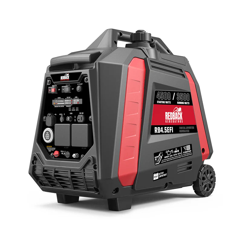 A photo of an iTechWorld Redback RB 4.5 4500W Portable Inverter Generator side on showing the back.