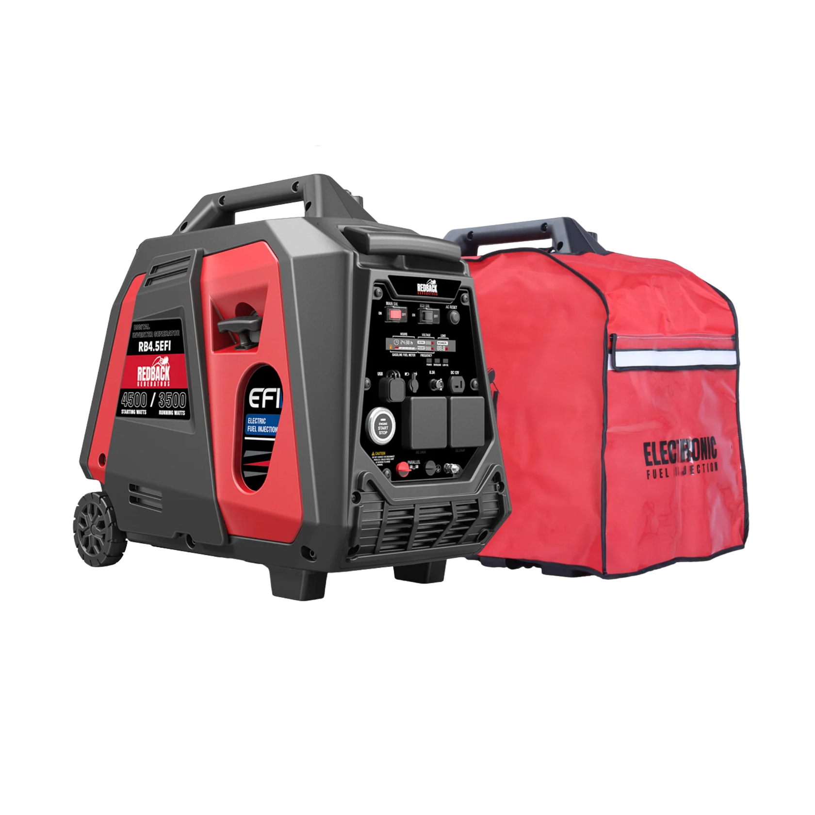 A photo of an iTechWorld 4500W Generator next to a red cover.