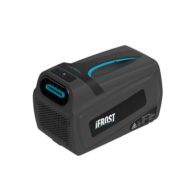 A photo of a black and blue iTechWorld iFrost portable 1000W air conditioner sitting on a slight right side angle.