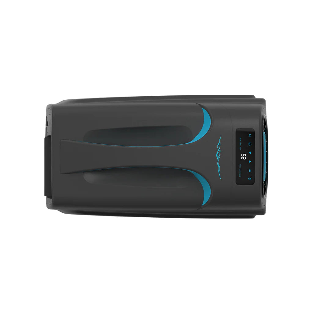 A top view photo of a black and blue iTechWorld iFrost portable 1000W air conditioner.