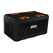 A photo of a black and orange iTechWorld iFrost 95L portable camping fridge/freezer sitting on a slight angle.