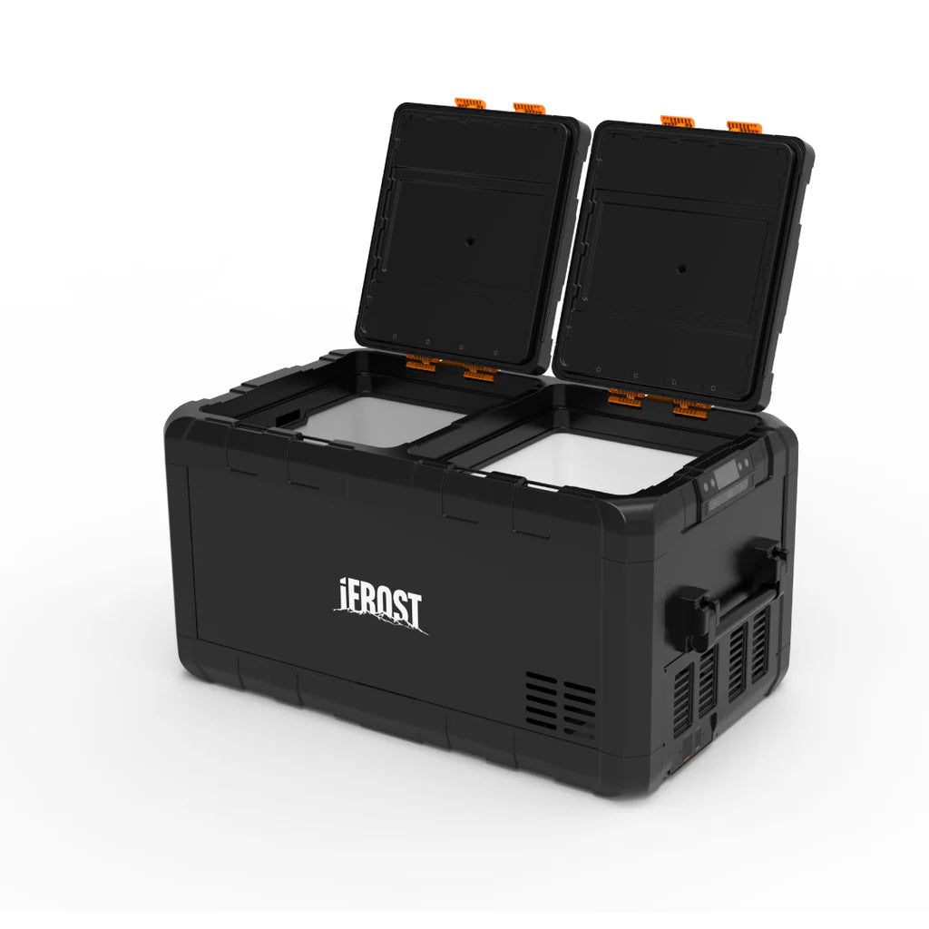 A photo of a black and orange iTechWorld iFrost 95L portable camping fridge/freezer with its lids opened up.