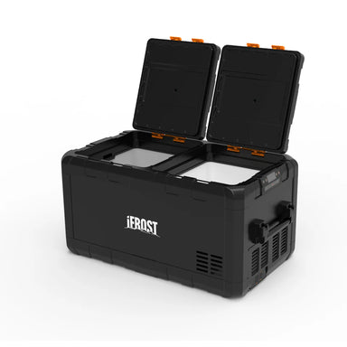 A photo of a black and orange iTechWorld iFrost 95L portable camping fridge/freezer with its lids opened up.