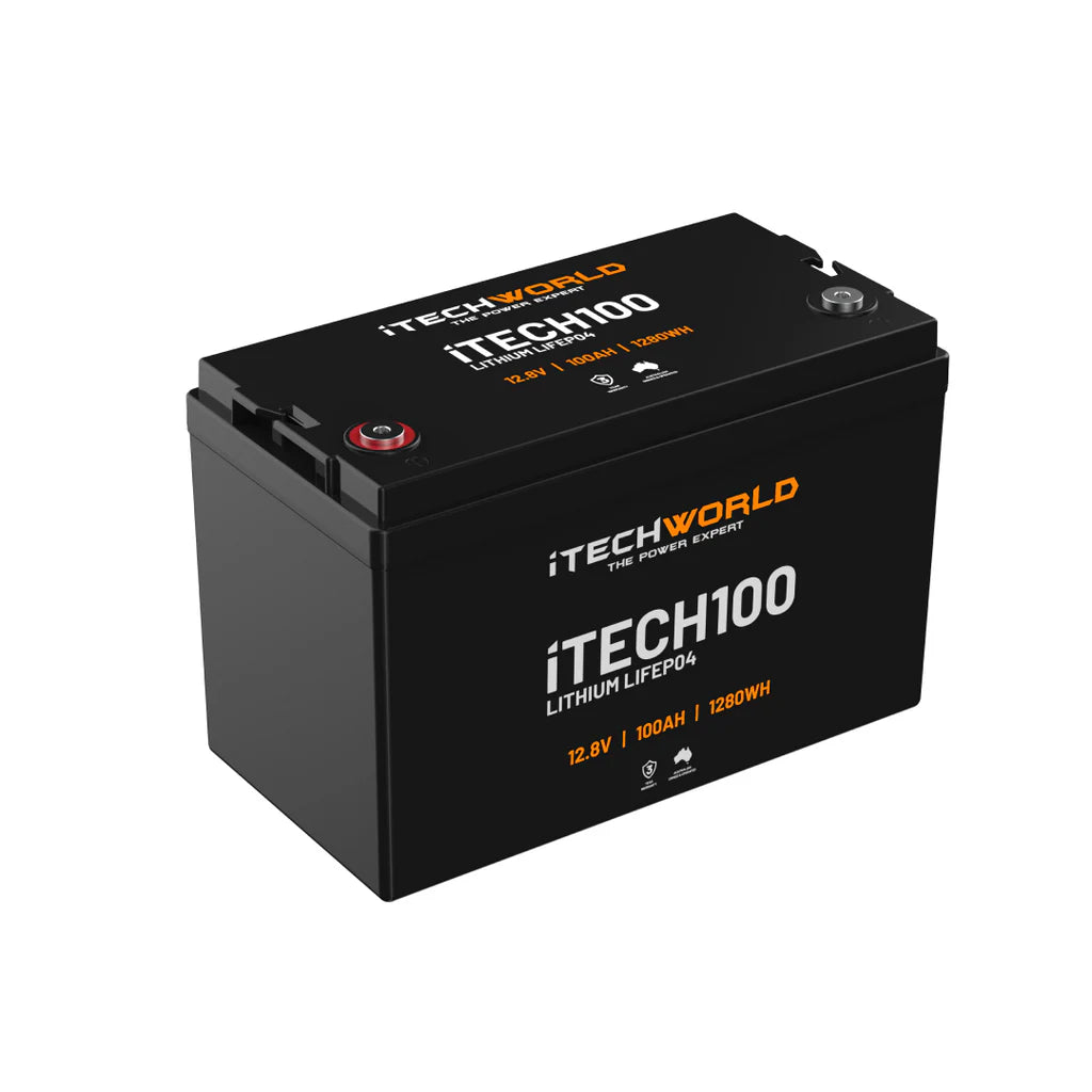 iTech 100Ah Deep Cycle Battery slightly angled to the right on a white background
