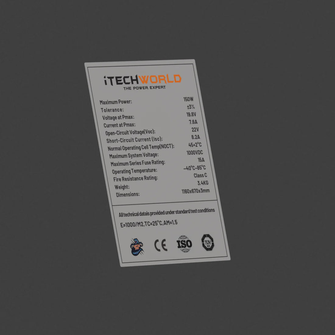 iTech 150W Flexible Solar Panel back specs black