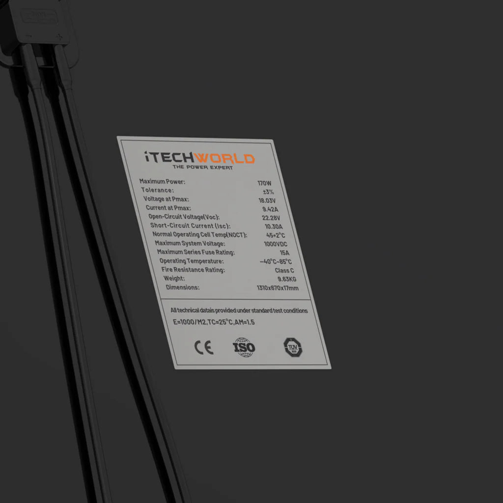 iTech 170W Solar Panel back view with specs black