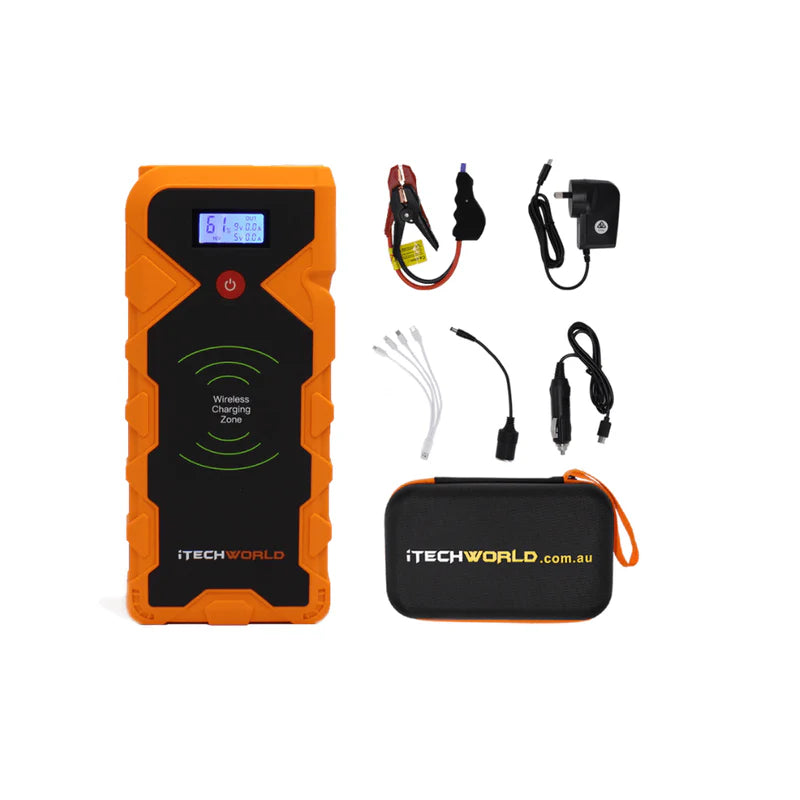 iTech 2000A Jump Starter package contents on a white background
