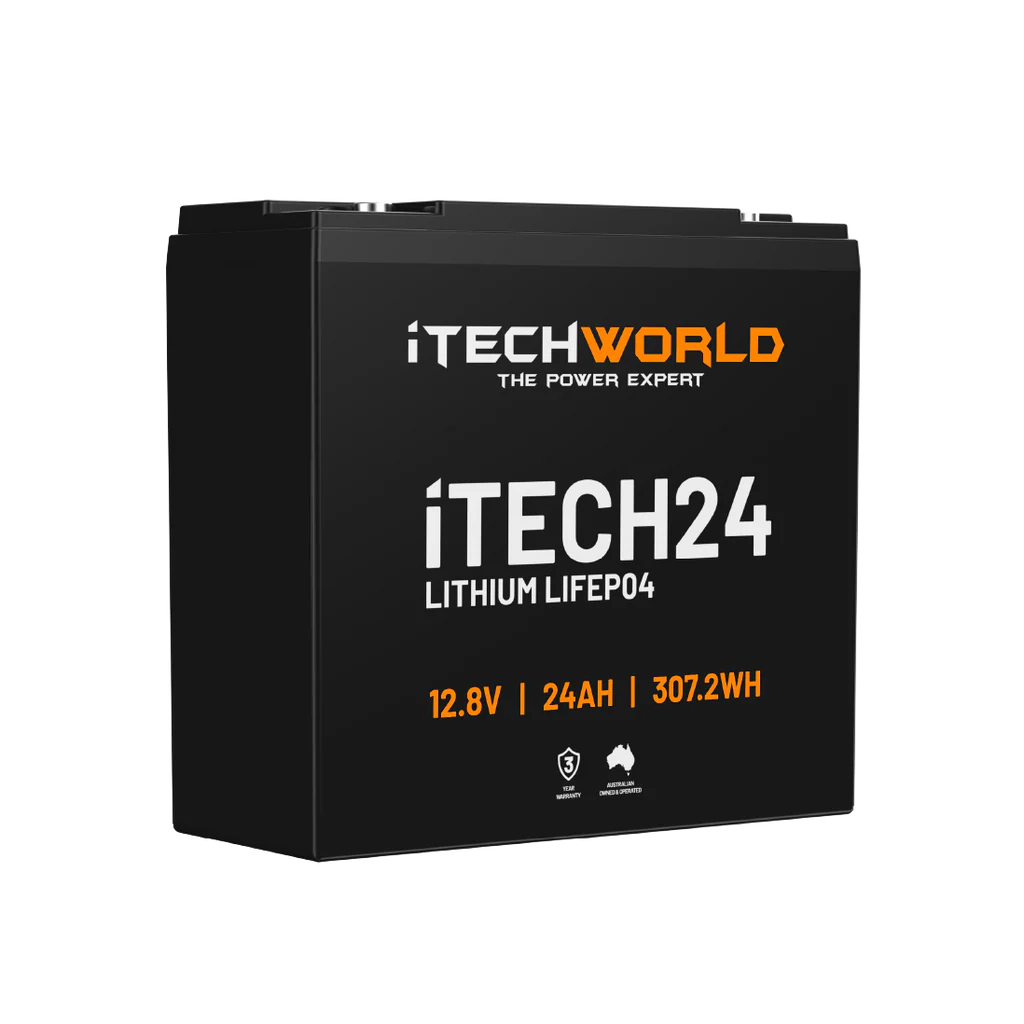 iTech 24Ah Deep Cycle Battery slightly angled on a transparent background