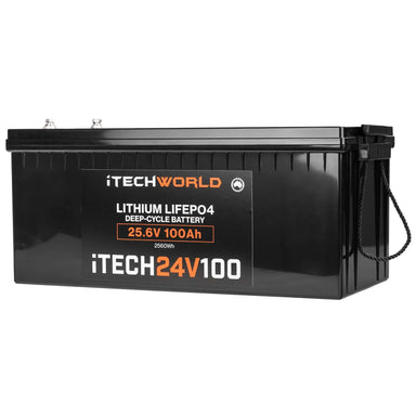 iTech 24V 100ah battery slighlt angled to the left on a white background