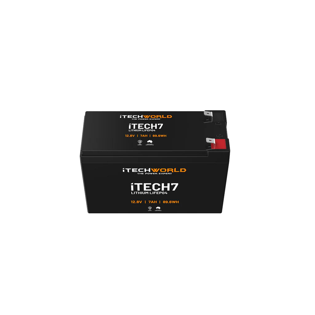 iTech 7Ah Deep Cycle Battery Top and Front, Front view on a white background