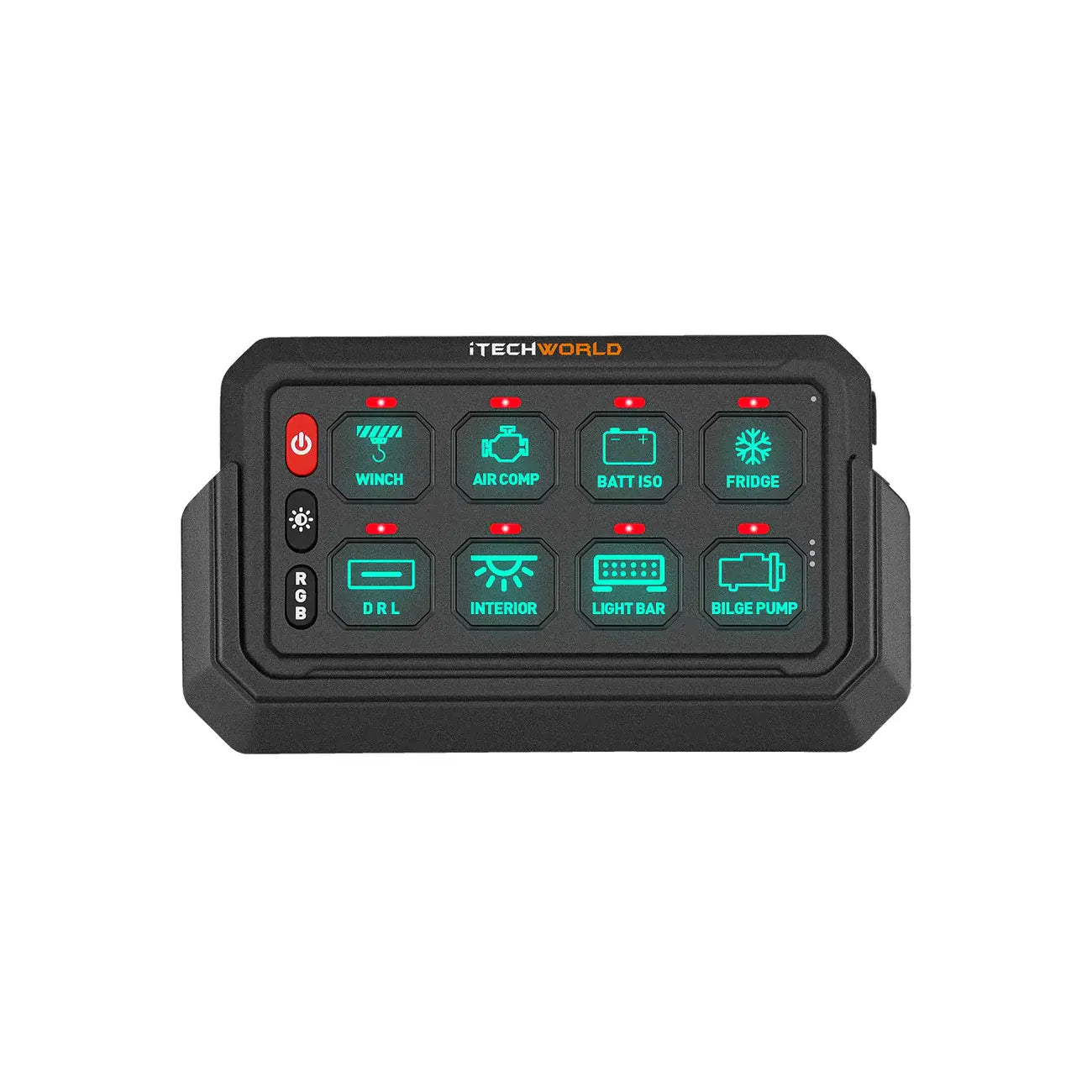iTech 8 gang switch panel front on a white background