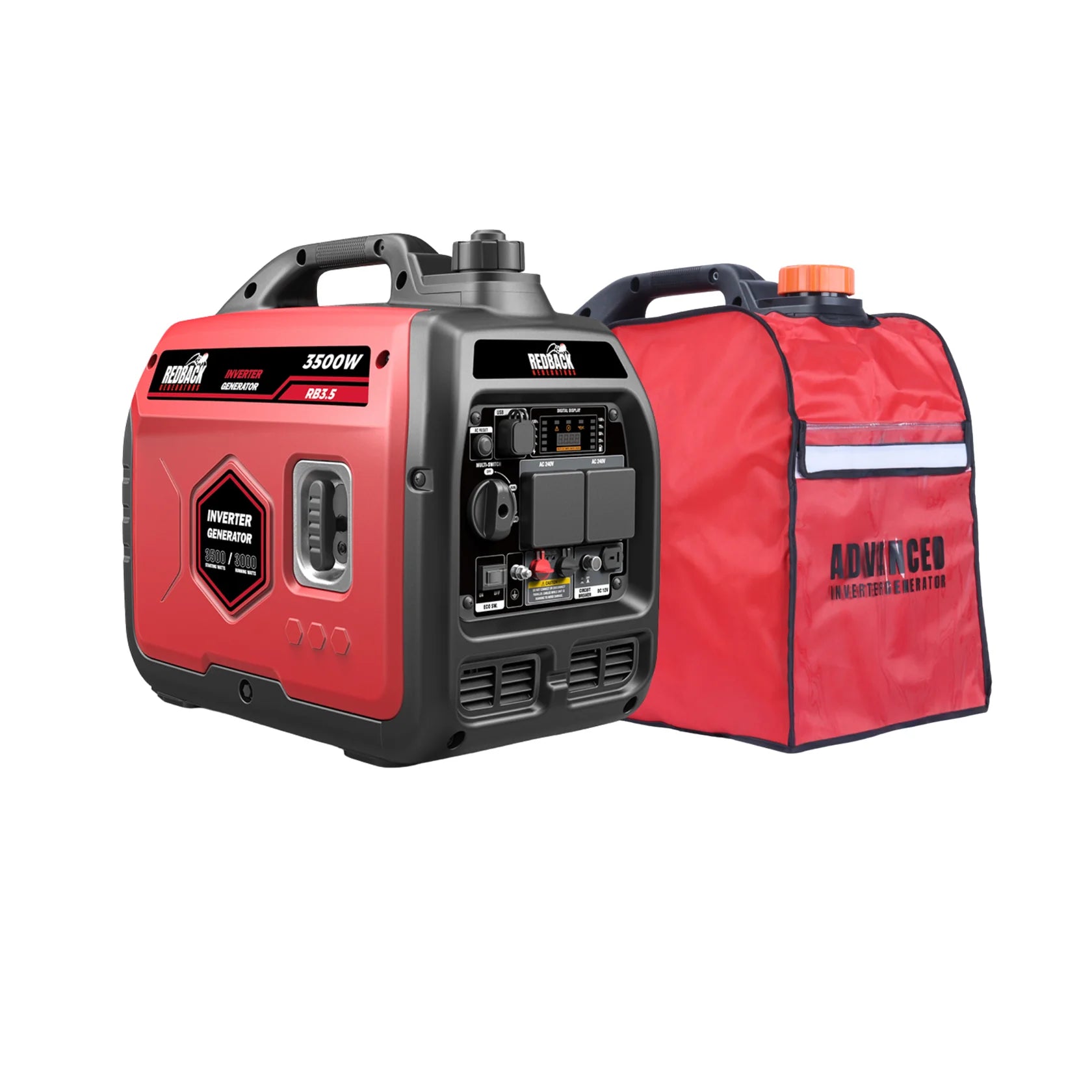 A photo of a red and black iTechWorld Redback 3500W Generator with a free cover.