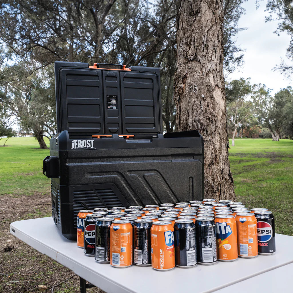 iTechWorld iFrost 40L Portable Camping Fridge/Freezer with soda in the front 
