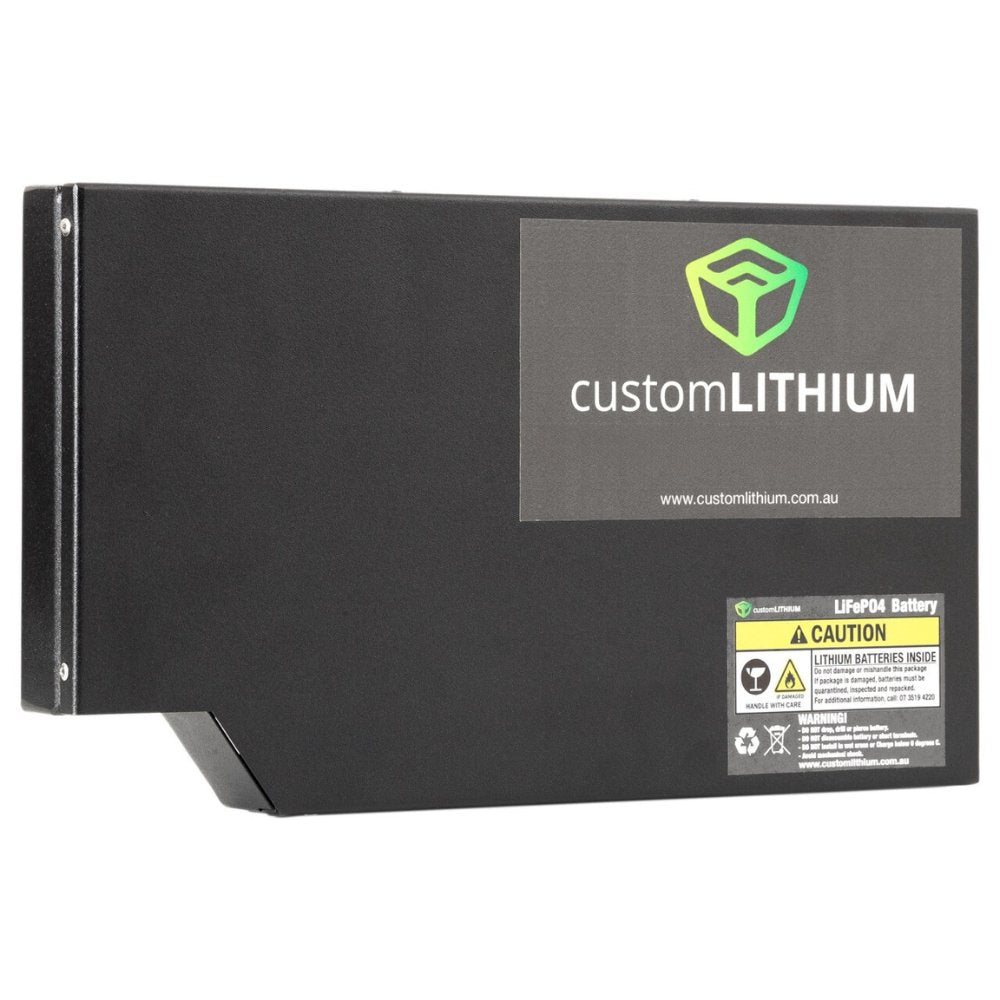 Custom Lithium 100Ah LiFePO4 dual battery for the Isuzu MU-X, shown on a white background with the customLITHIUM label and caution sticker.