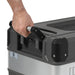 in the photo a myCOOLMAN Dual Zone 69L Fridge & Freezer Hand on handle on white background