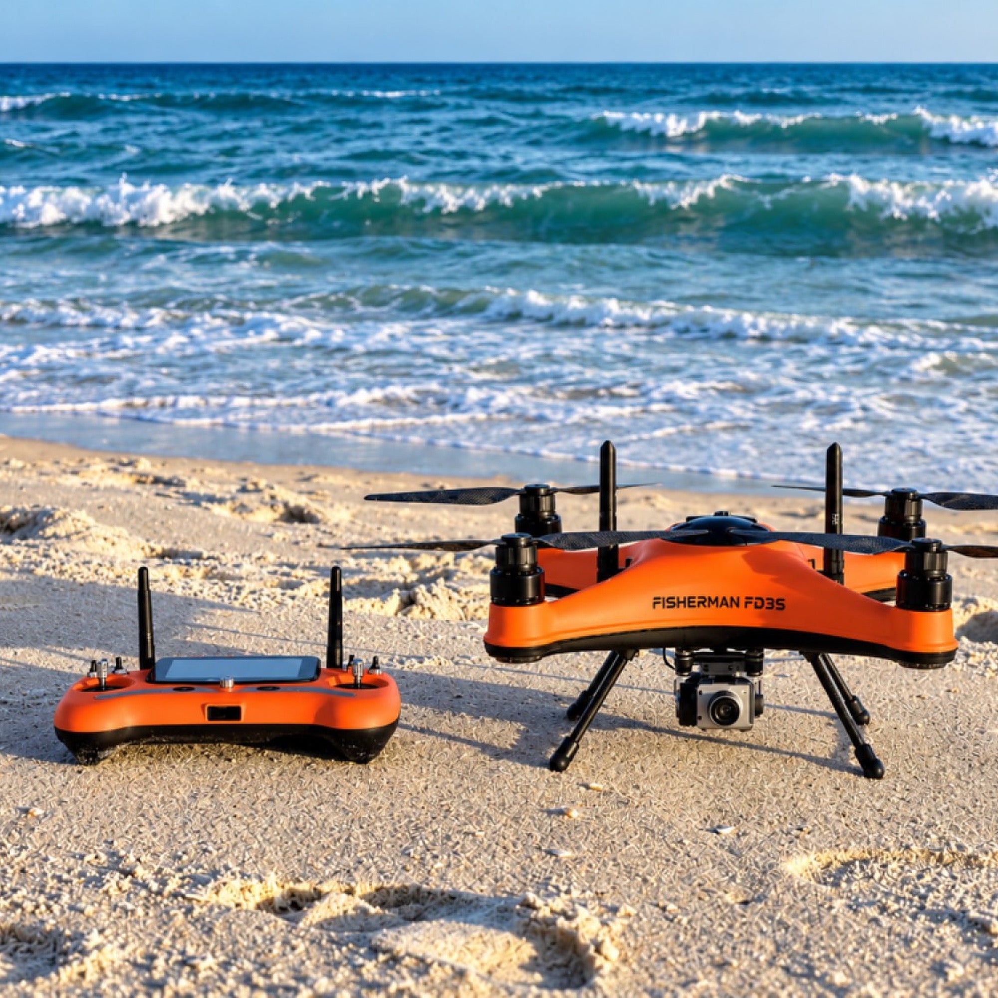 SwellPro Fisherman FD3S orange fishing drone and remote controller sitting on a sandy beach with ocean waves in the background.